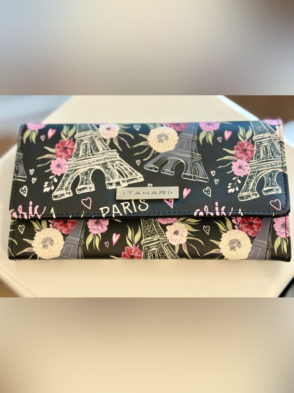 Brand New Tahari Paris Eiffel Tower Floral Print RFID Wallet Black Trifold | W